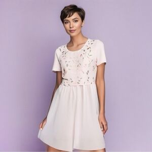 NWT Karin Stevens Vintage Dress Pink Linen Floral Embroidered Dress Midi Dress